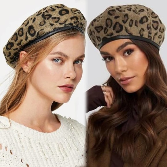 Leopard Beret Hat Tam Beanie Black Leather - Picture 6 of 9